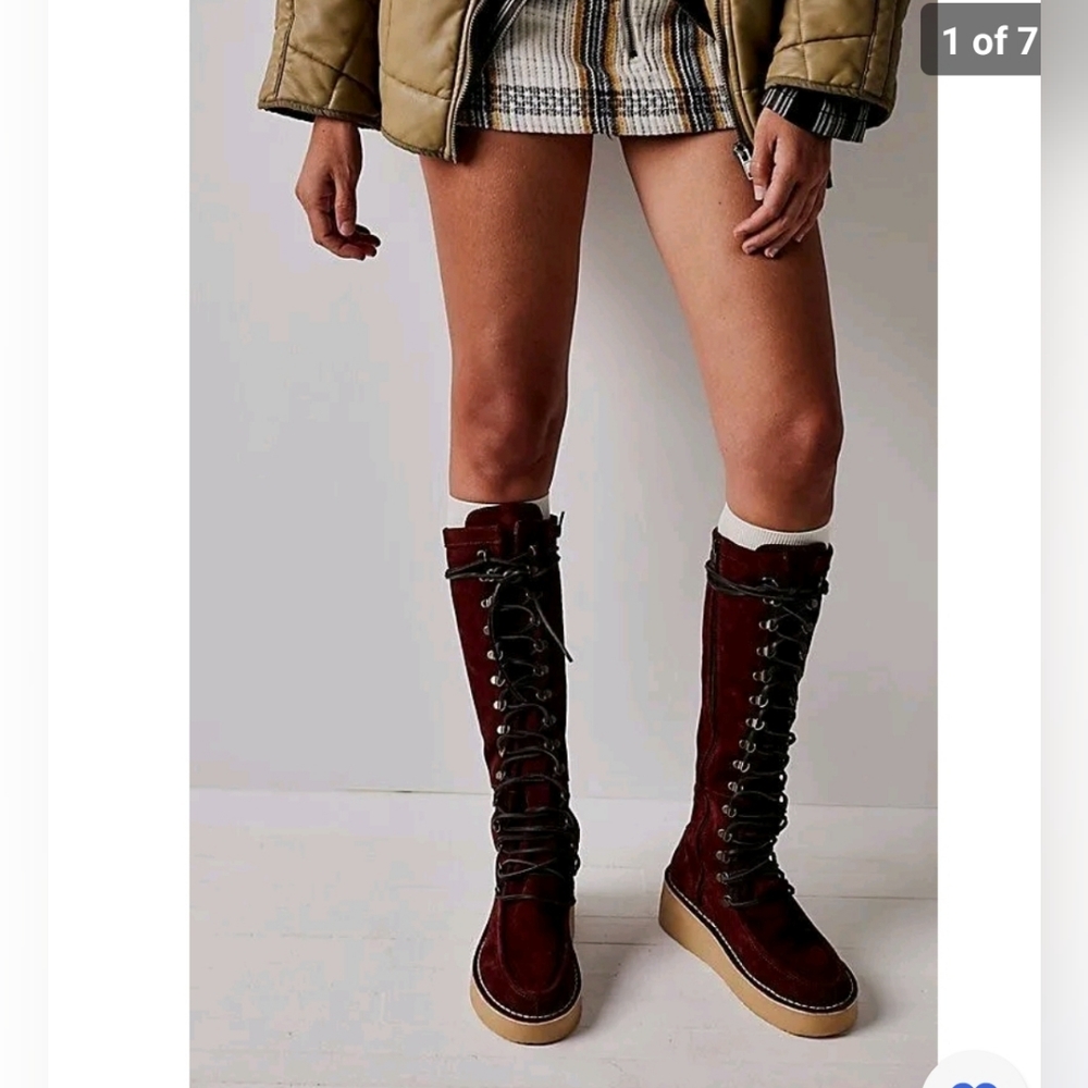 Free People Tall Lace-Up Suede Ankle Boots in Burgundy with Tan Sole